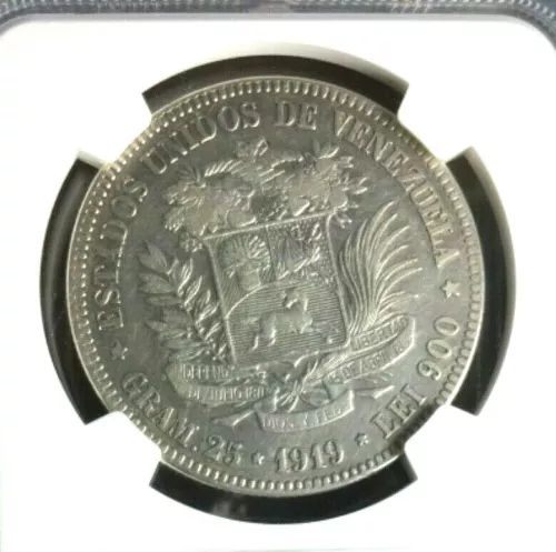 1919 Venezuela 5 Bolivares, NGC XF Details - Cleaned