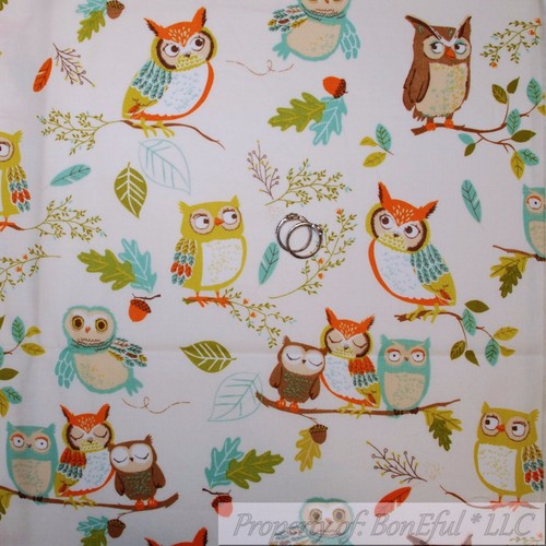 BonEful FABRIC FQ Cotton Quilt Country OWL Bird Brown Tree Green Leaf Fall Acorn - Picture 1 of 14