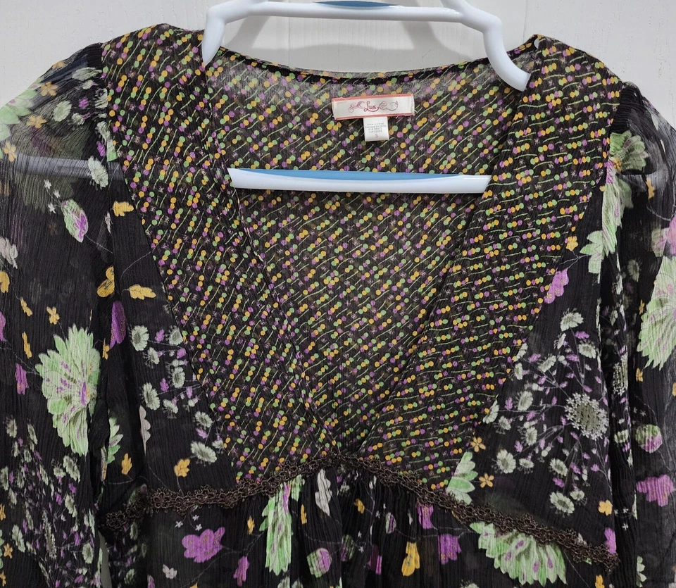 LUX Women's 3/4 Sleeve V Neck Sheer Empire Waist Babydoll Blouse Top 100% Silk S - Image 2 of 4