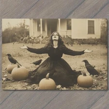 Art Print Halloween Witch with Pumpkins Yard Crows Gothic Attire Vintage Style