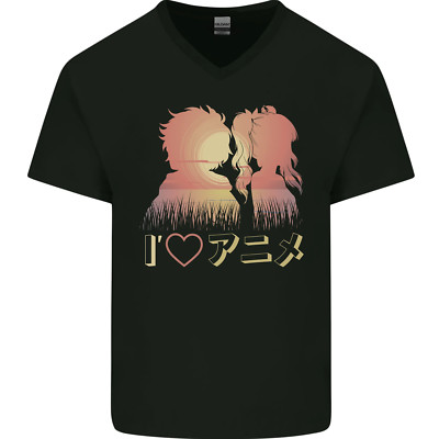 I Heart Anime Love Herren V-Ausschnitt Baumwoll T-Shirt