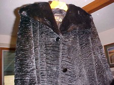 Faux Black Dyed American Broadtail Processed Lamb Coat W/faux Mink Collar Cuffs