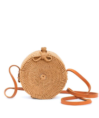 Classic Rattan Shoulder Bag Round Boho Style Handwoven in Bali Size Small 