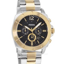 FOSSIL Privateer Mens Chronograph Watch, Black Dial, Two-Tone Silver Gold Band