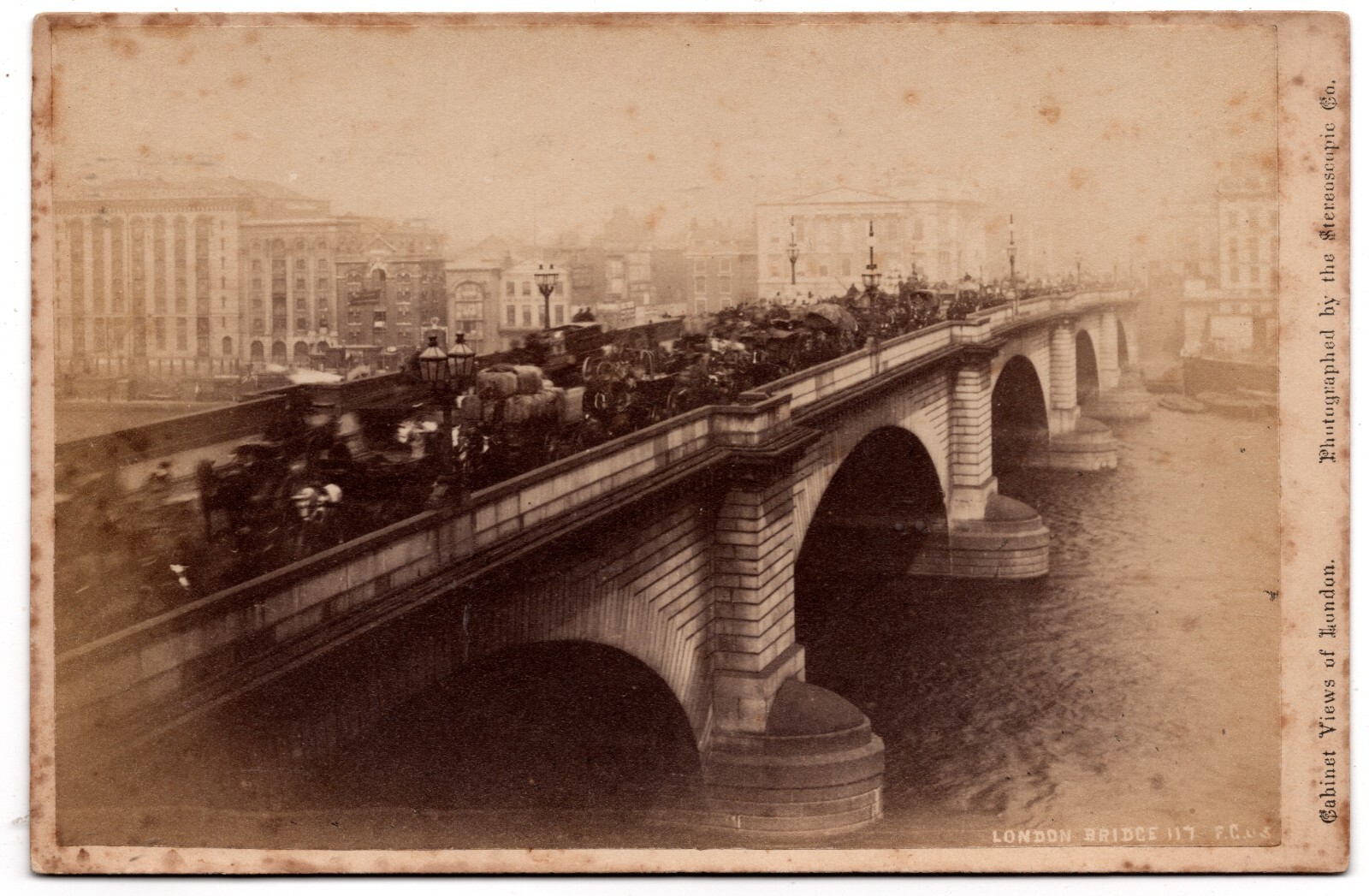 CIRCA 1870s CABINET CARD LONDON BRIDGE WITH CARTS AND WAGONS ON IT STREET SCENE