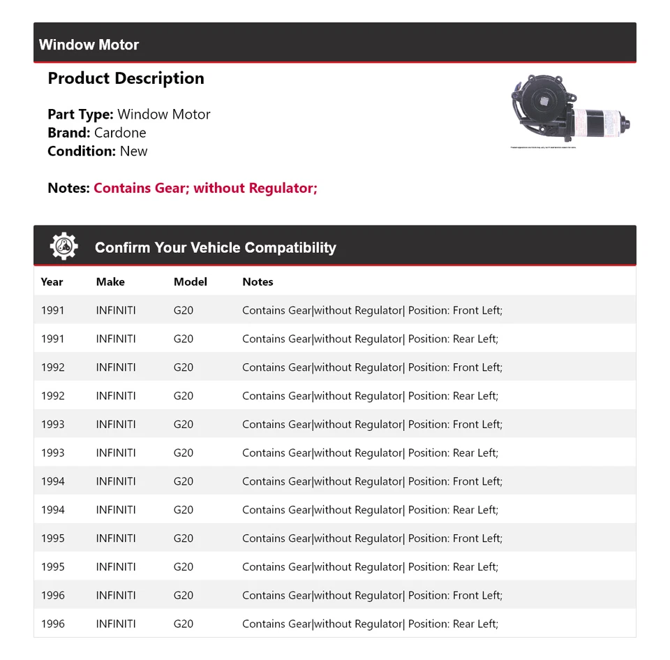 Para 1991-1996 Infiniti G20 Ventana Motor Cardone 1992 1993 1994 1995 Foto 2 de 4