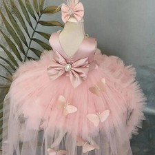 Butterfly Powder Pink Princess Flower Girl Dress detachable Train Rhinestones