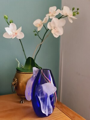 Mundgeblasene Kunstglas Vase Kobaltblau Signiert Jo le Gallezigi Spiral Design Selten