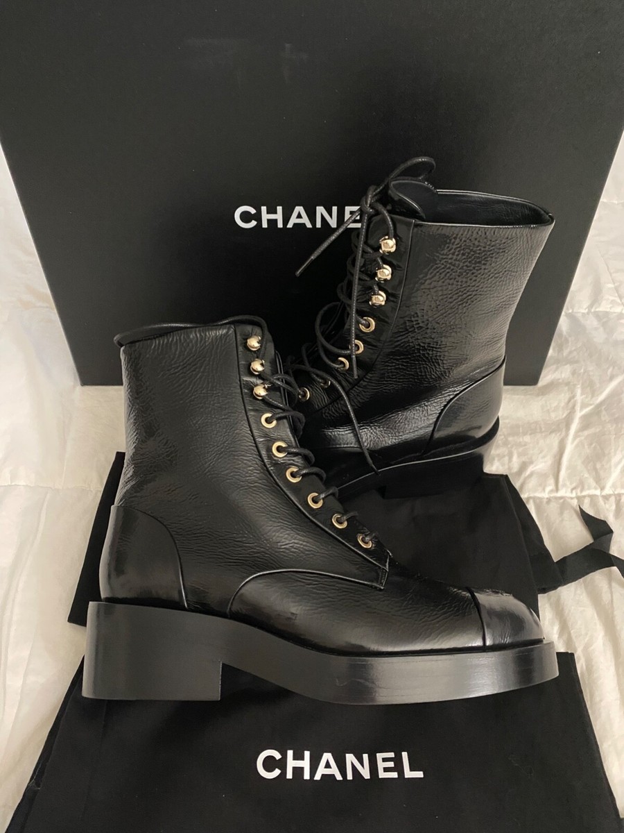 Chanel Combat Lace Up Boots Shiny Goatskin Black & Dark Gray Chanel Combat Lace Up Boots Shiny Goatskin Black & Dark Gray