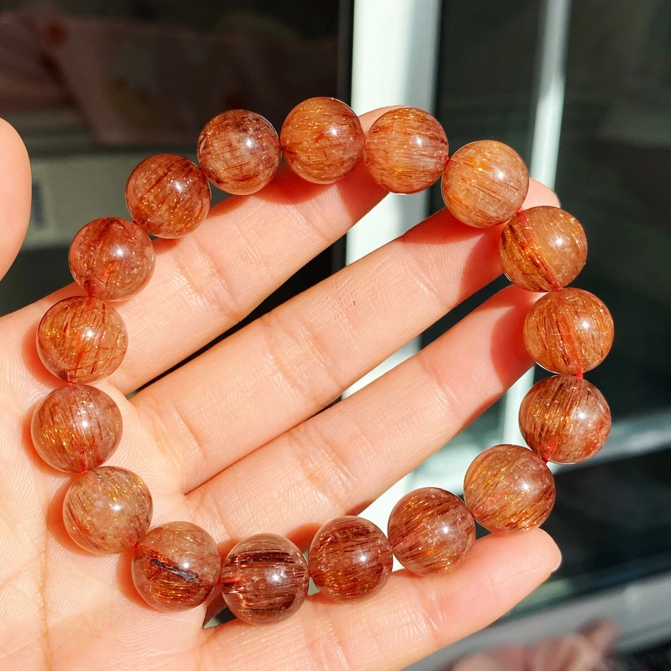 11.7-12.5mm Natural Copper Rutilated Quartz Crystal Stretch Beads Bracelet 18 - Image 3 of 4