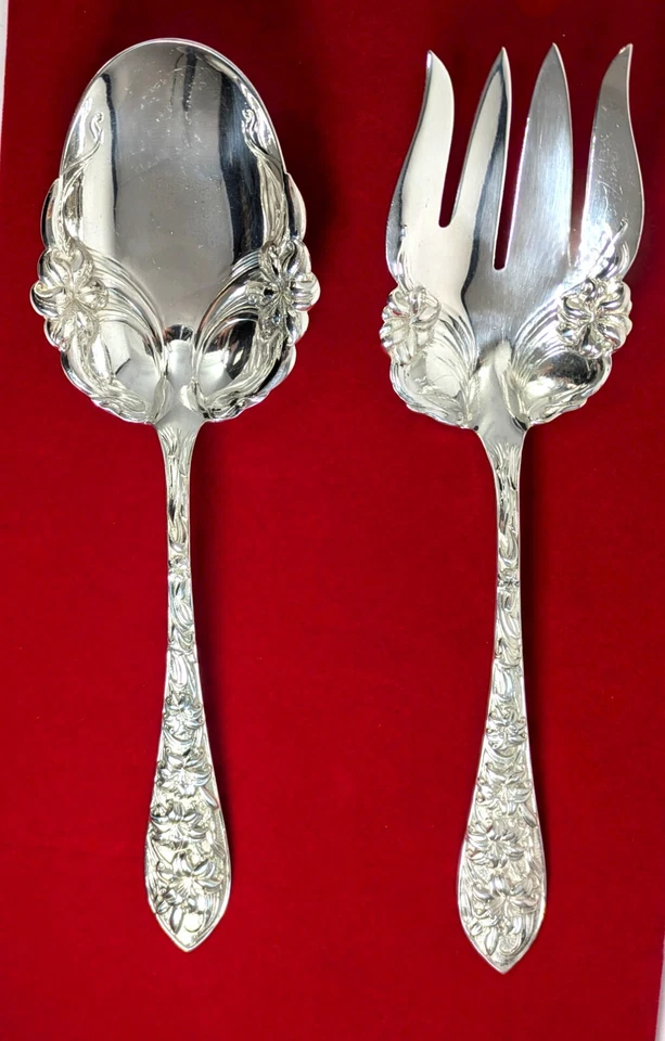 Antiguo lirio floral Frank Whiting de plata esterlina de 2 piezas, cuchara y tenedor para servir ensaladas Foto 2 de 4