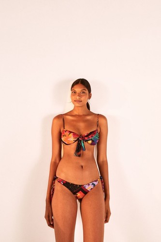Farm Rio Diagonal Scarf Bikini Bottom L Side Tie Floral Leopard Black Purple New - Picture 3 of 5
