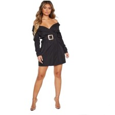 Prettylittlething Black Bardot Belt Detail Shift Dress NWT Size L 10 USA 