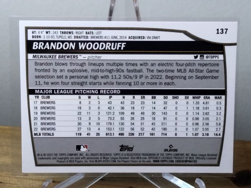 BRANDON WOODRUFF 2023 Topps Big League Baseball #137 Milwaukee Brewers Pitcher - Picture 2 of 2