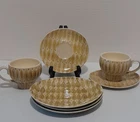 Set of 3 Bread Plates & 2 Cups & Saucers Red Wing Hand Painted Golden Viking MCM