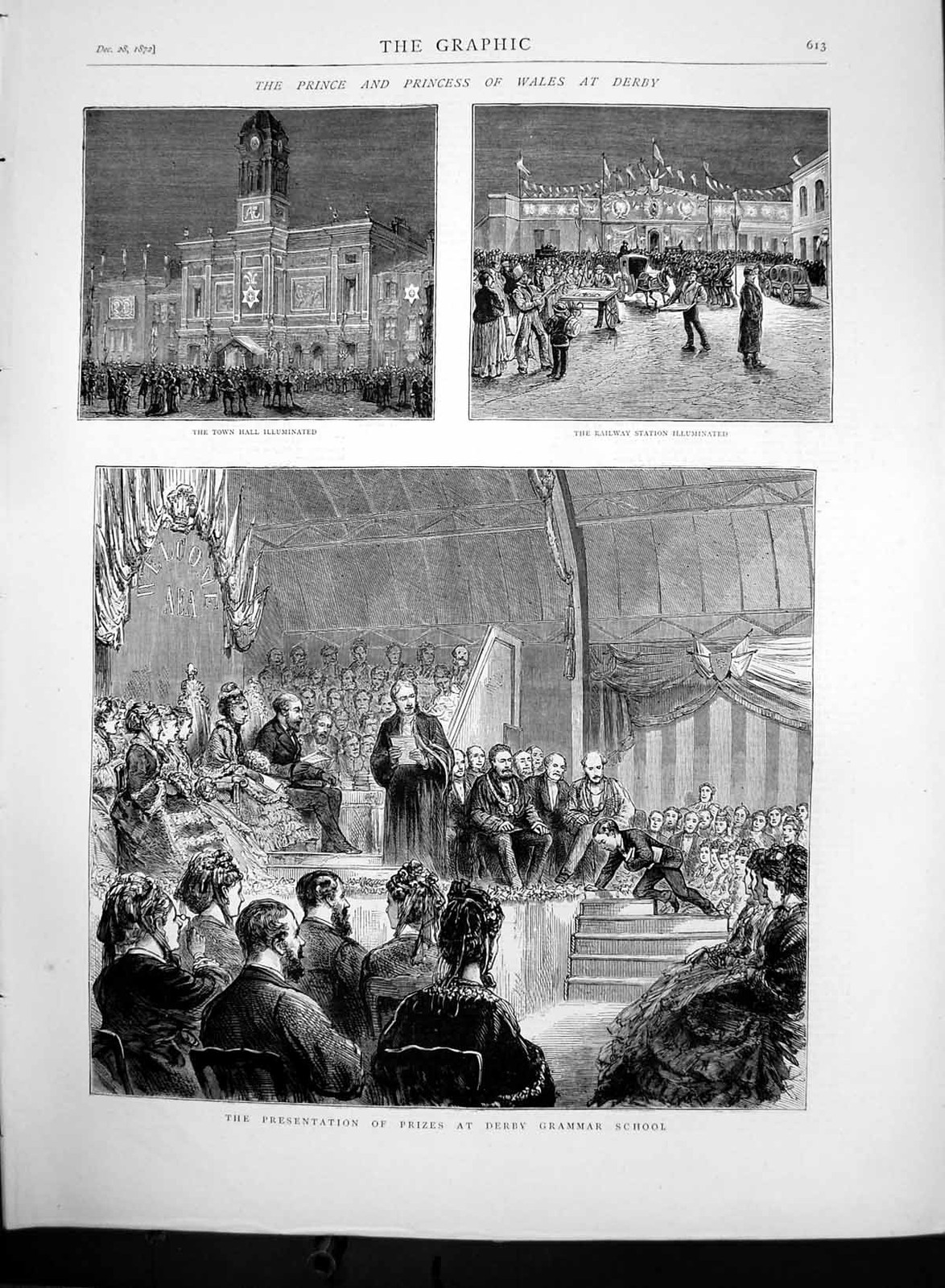 Antique Old Print Derby Prizes Grammar School Town Hall Railway Station 1872