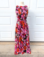 Eliza J Floral Maxi Dress Womens 4 Black Pink Orange Sleeveless Belted Chiffon