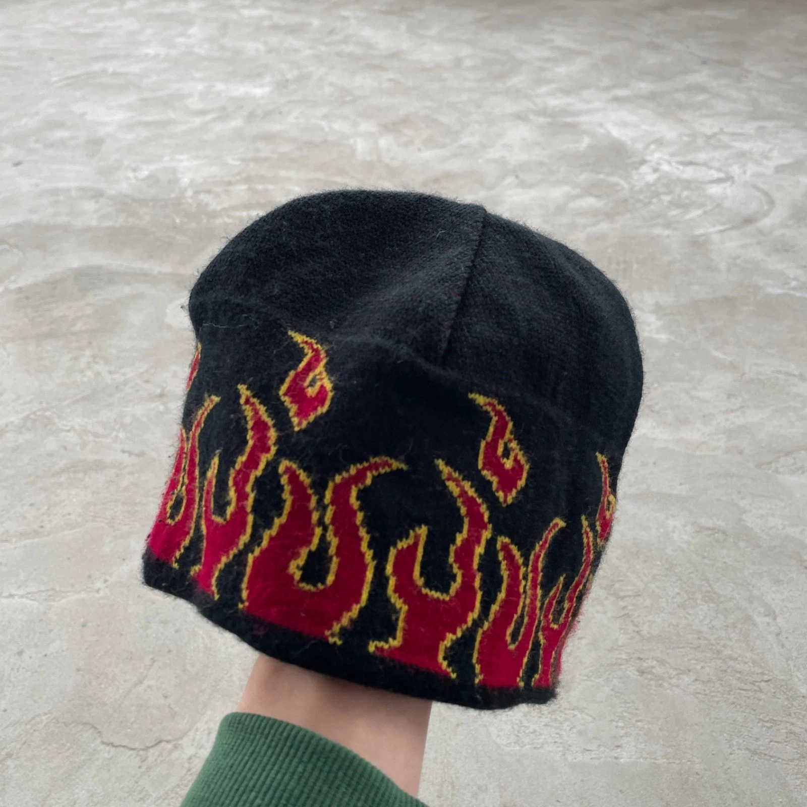 Y2K Flame Beanie Hat Black Red Fire Knit Skater Streetwear Grunge Cyber Unisex