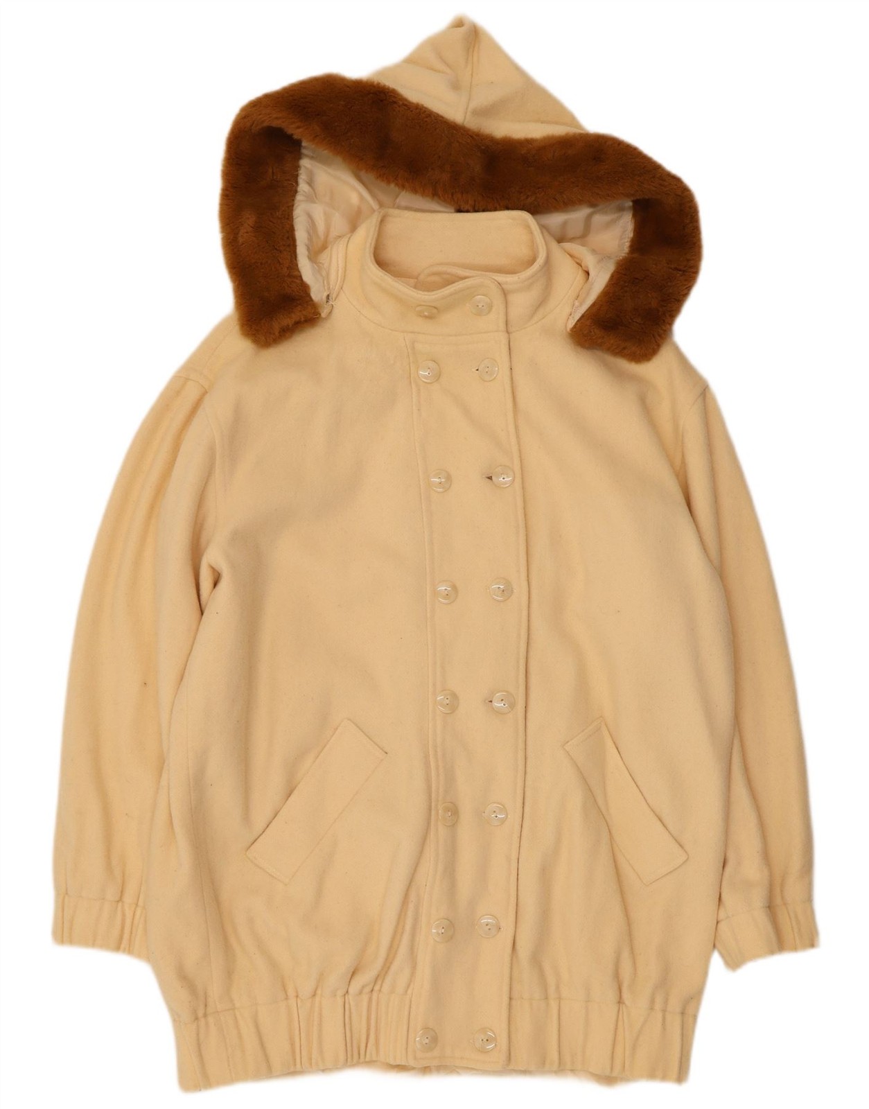 VINTAGE Womens Loose Fit Hooded Double Breasted Coat UK 14 Medium Beige BQ01