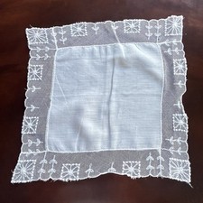 VTG White Linen Mesh Net Embroidered Lace Wedding Handkerchief Hankie 10x10"