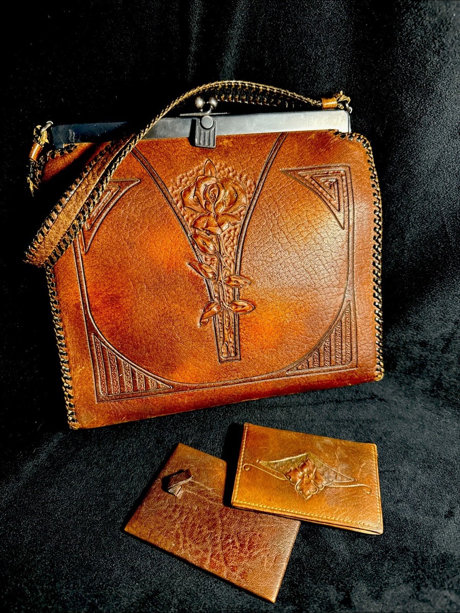 Antique 20s Art Nouveau Hand Tooled Leather Purse With Mirror