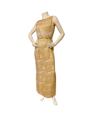 1950s Vtg Neiman Marcus Gold Silk Metallic Evening Dress White Sequins  BOMBSHELL | eBay