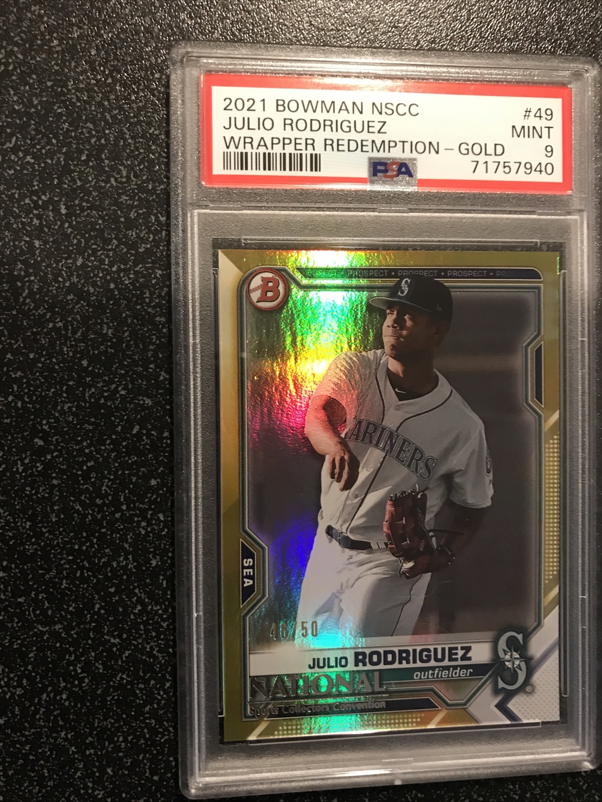 JULIO RODRIGUEZ 2021 Bowman NSCC RC #49 WRAPPER REDEMPTION - GOLD #46/50 PSA 9 view 3