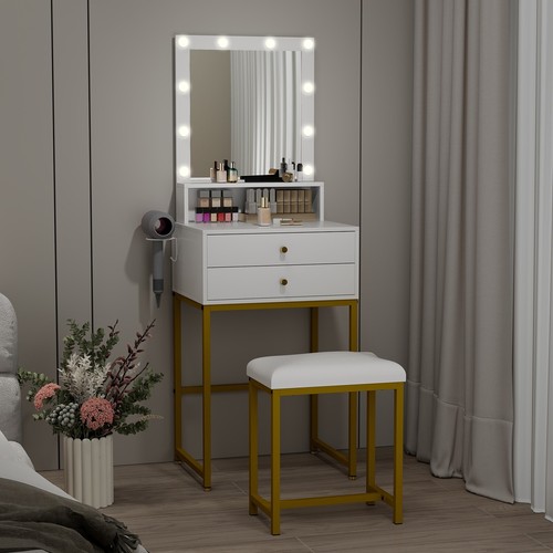 Schminktisch Kosmetiktisch Frisiertisch Kommode Hocker LED-Beleuchtung Spiegel - Bild 2 von 8