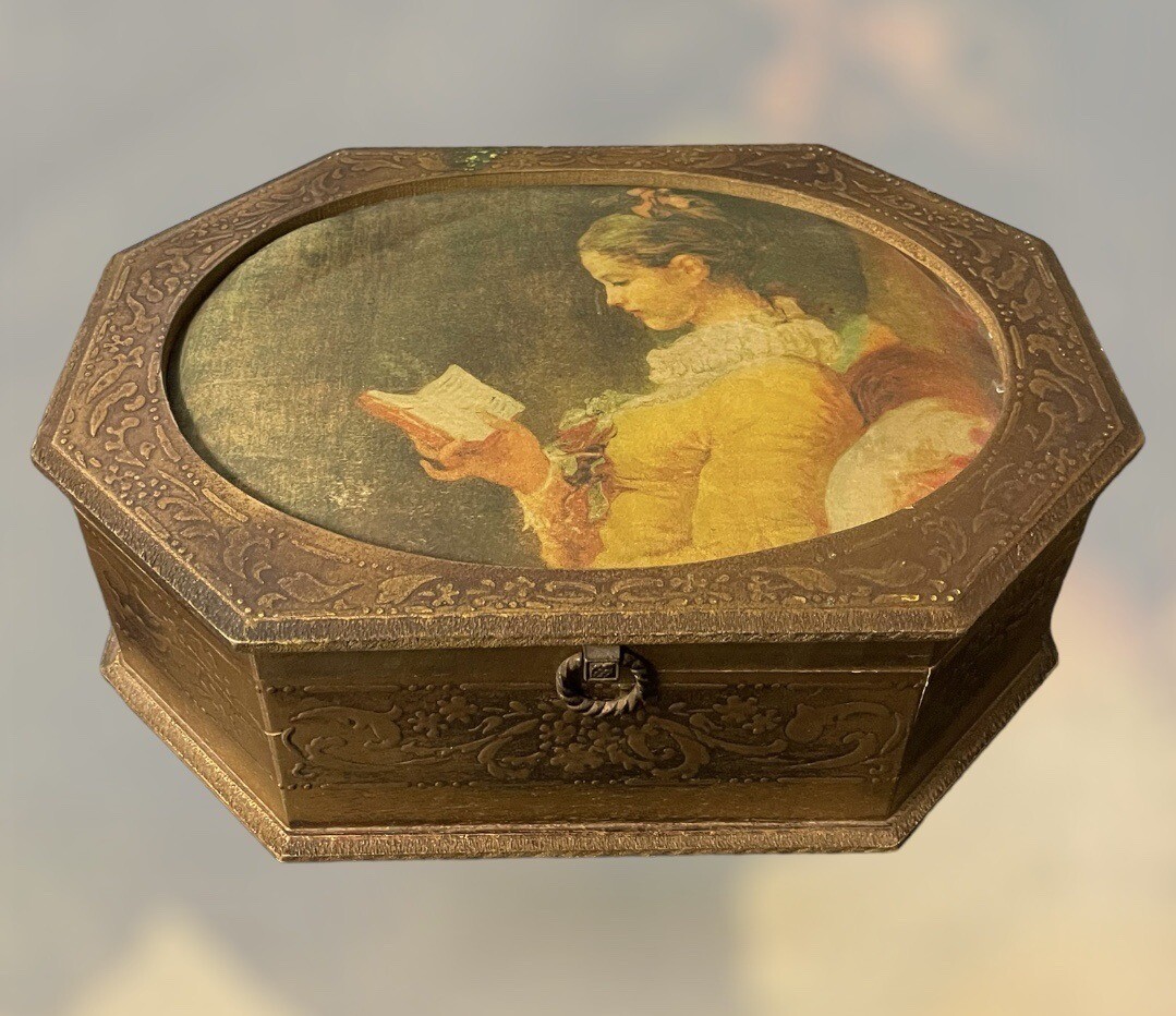 Vintage Large Gold Victorian Theme Jewelry Box Lady Reading Book
