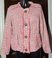 Klass Pink Frayed Boucle Textured Jacket With Diamonte Buttons Uk 16 Pre-owned