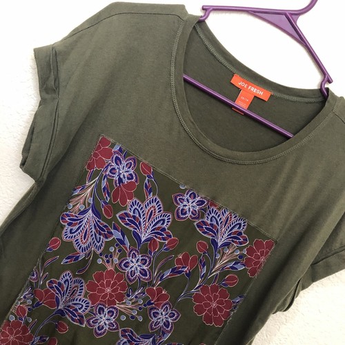 JOE FRESH Womens XS Mixed Media Short Sleeve T-Shirt Top Olive Green Floral - Picture 4 of 13