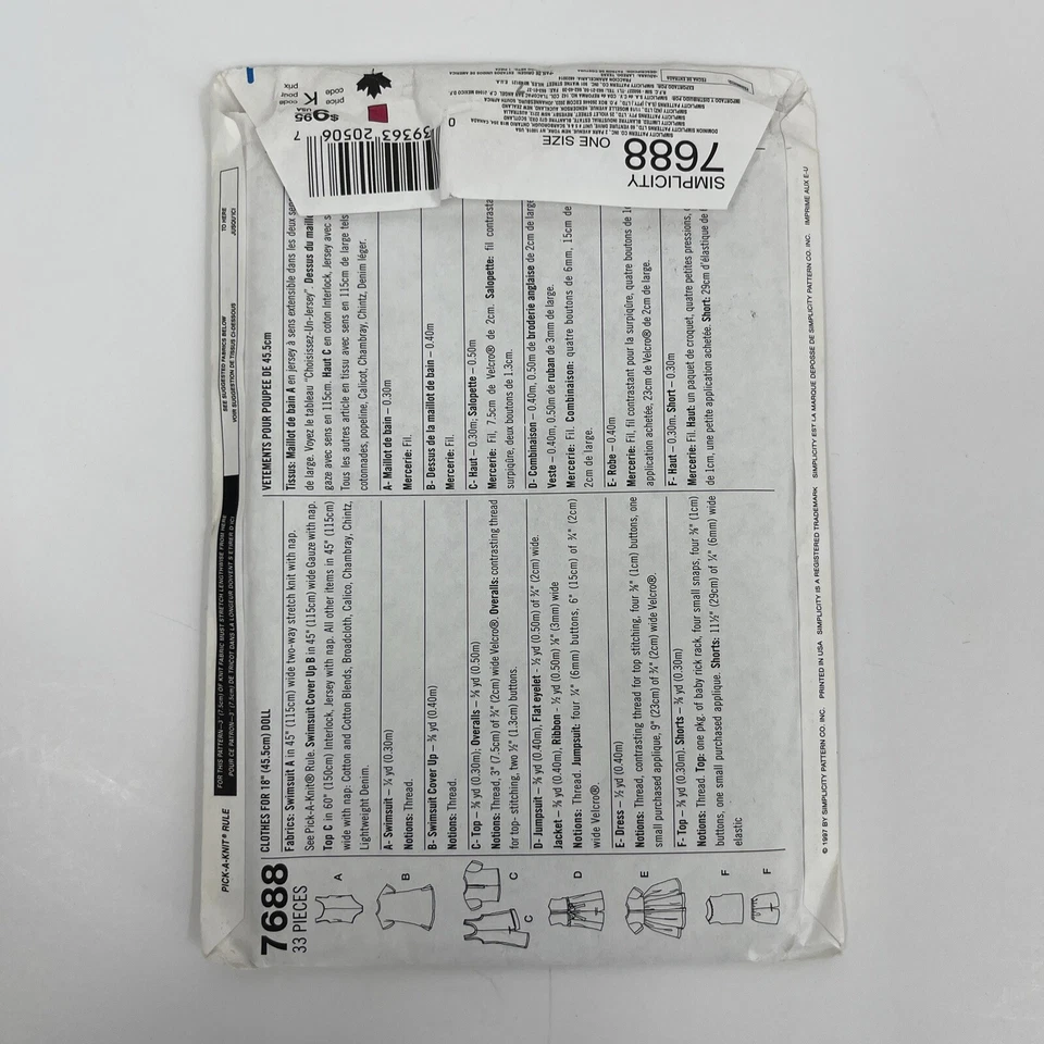 Vintage Simplicity Crafts Pattern #7688 18" Doll Clothes UNCUT NOS 🌸 - Image 3 of 3