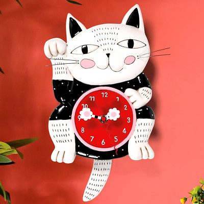 ✤ New ALLEN DESIGNS Wall Clock WAVING LUCKY CAT Swing Tail