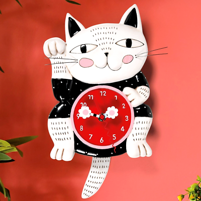✤ New ALLEN DESIGNS Wall Clock WAVING LUCKY CAT Swing Tail