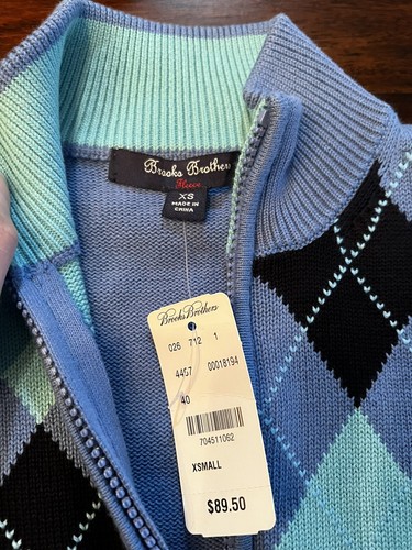 NEW Brooks Brothers Boys Xsmall Merino Wool Cable Zip Front Blue Argyle Sweater - Picture 2 of 3