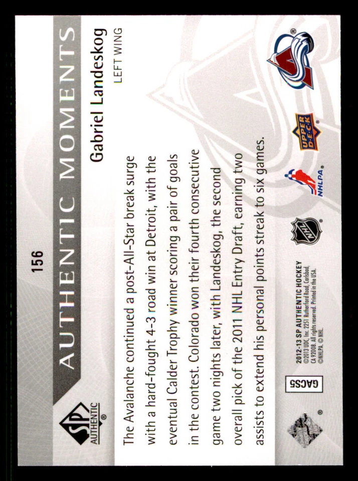 2012-13 SP Authentic #156 Gabriel Landeskog AM - Image 2 of 2