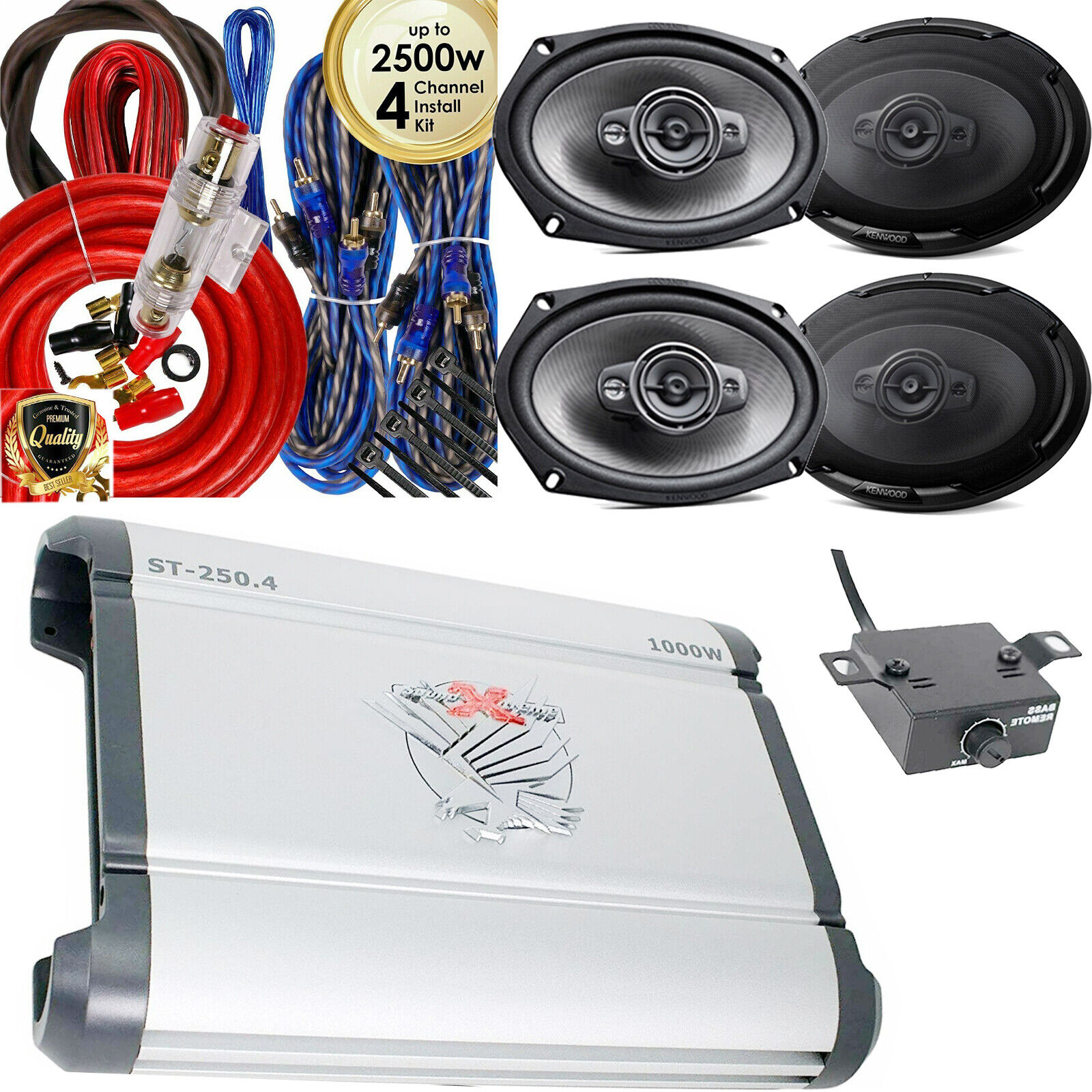 4) Kenwood KFC-D691 6X9 4-Way 600W Coaxial Speakers + 1000W 4 CH Amp + Kit