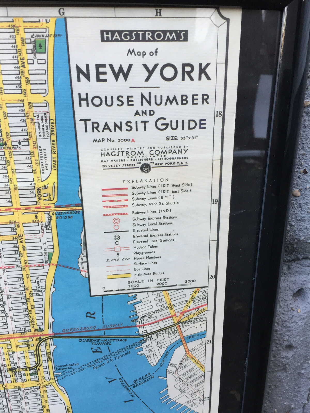 Framed Vintage Hagstrom's Map of New York House Number & Transit Guide