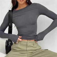 Women's Long Sleeve Crop Top – Slim Fit Y2K Basic Tee Streetwear Pullover