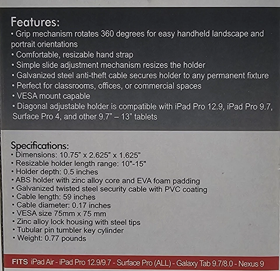 Anti-Theft Grip – CTA Adjustable Security For 9.7" - 13" Tablets, Silver  - Image 3 of 4