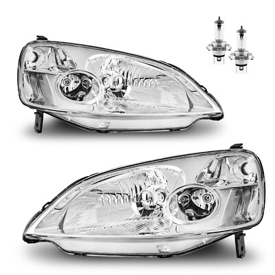 Pair Headlights For 2001-2003 Honda Civic Clear Corner Chrome Headlamps w/ Bulbs