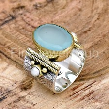 Aqua Chalcedony Ring, 925 Sterling Silver, Texture Ring, Two Tone Ring, Size 8