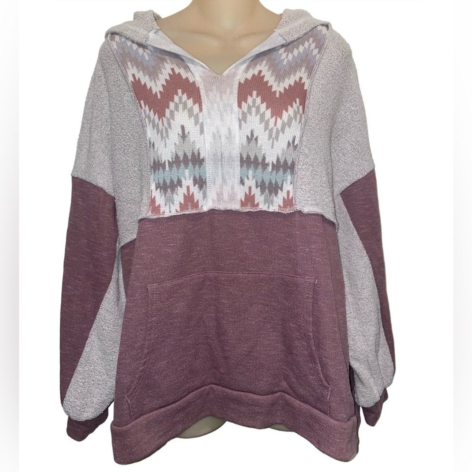 Sugarfox Aztec Tribal Color Block Sweatshirt Hoodie Front Pocket Size Medium