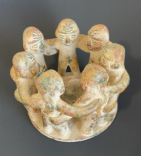 Large Aztec/Mayan Circle of 7 Friends Terracotta/Clay Candle Holder Art Pottery