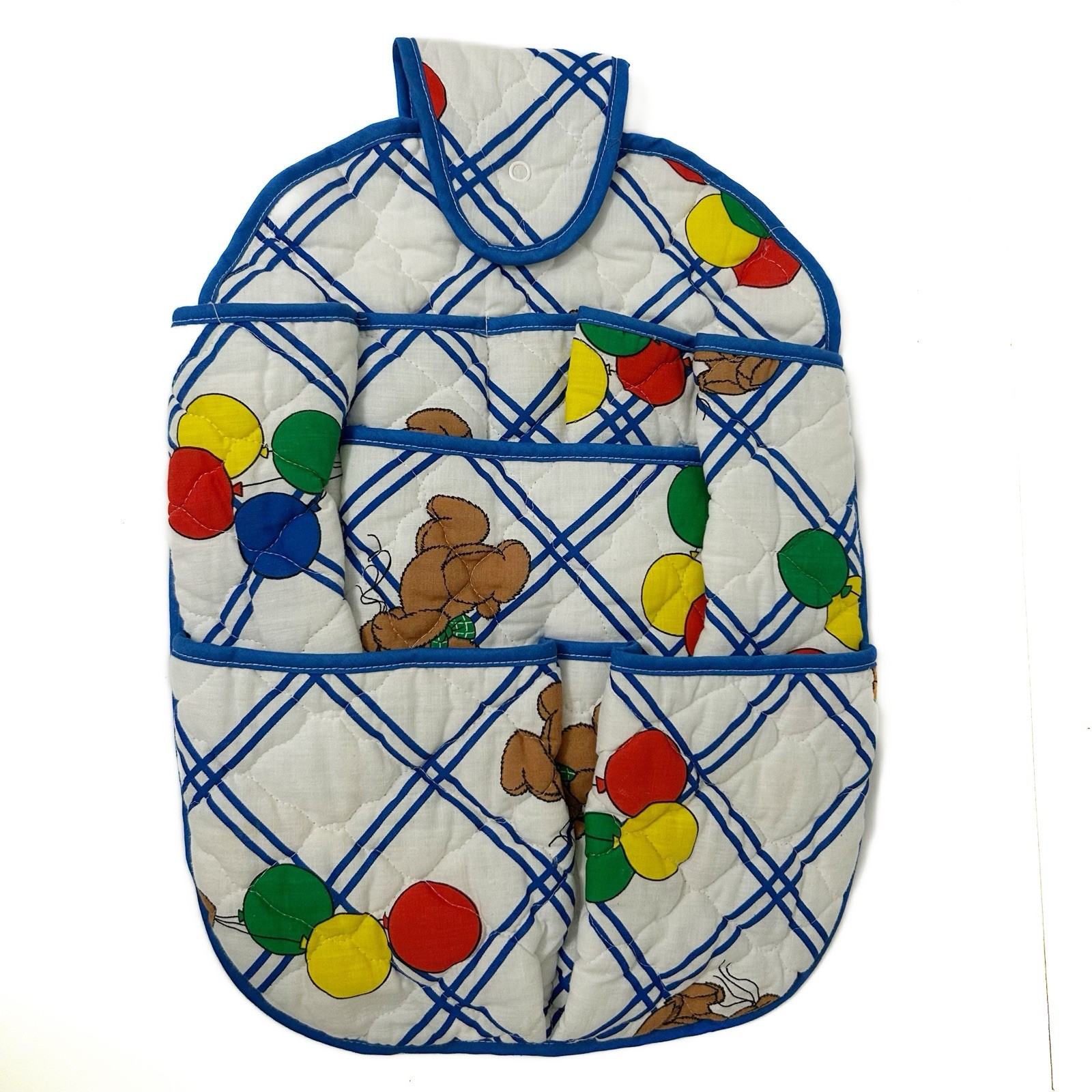 VTG That's Our Baby Blue Plaid Quilted Crib Hanging Organizer Teddy Bear Balloon