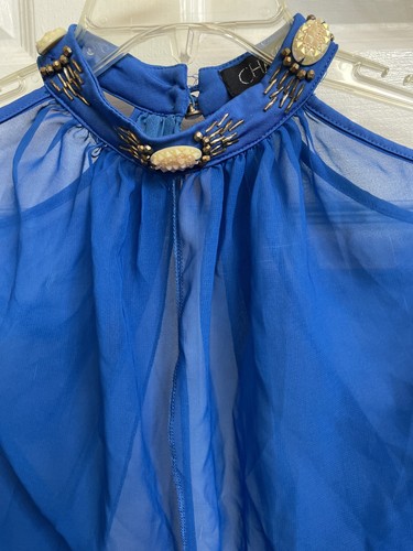 Off The Shoulder TG 8 blu chiffon cravatta tinta aperta davanti copricostume perline - Foto 2 di 8