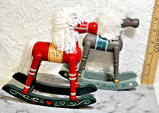 2 vintage large painted wooden rocking horses yarn mane/tail Xmas decor