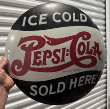 ICE COLD PEPSI COLA SOLD HERE 16” Round Tin Metal Button Dome Sign Vintage Style