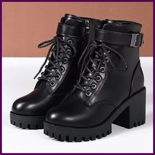 Botas de invierno para mujer 2025 nuevas botas con cordones para mujer moda tacón grueso