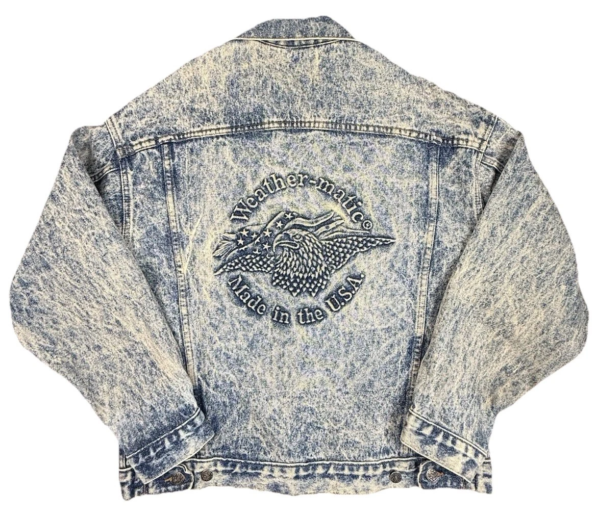 Vintage Weather-Matic Denim Jacket XL Acid Wash Made USA Embossed Eagle Back
